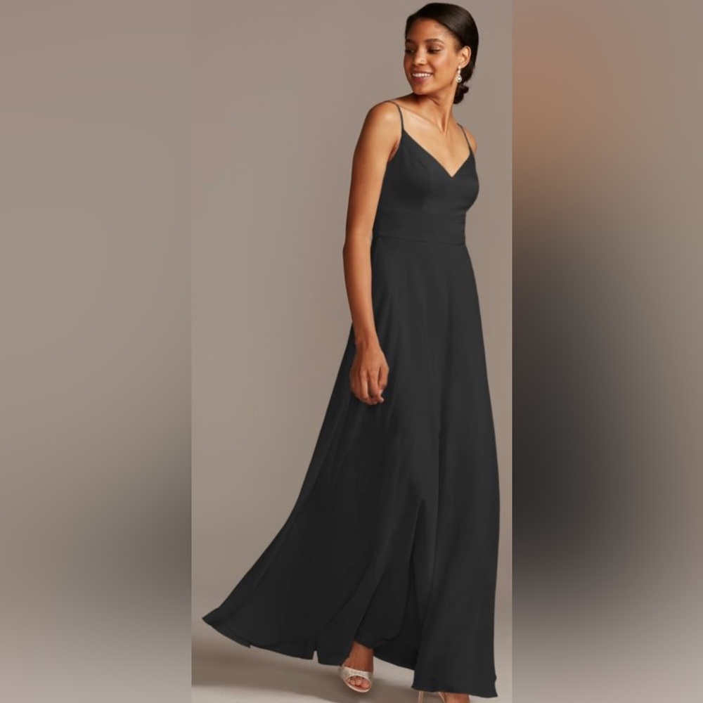 David’s Bridal black spaghetti strap crepe-back satin bridesmaid dress